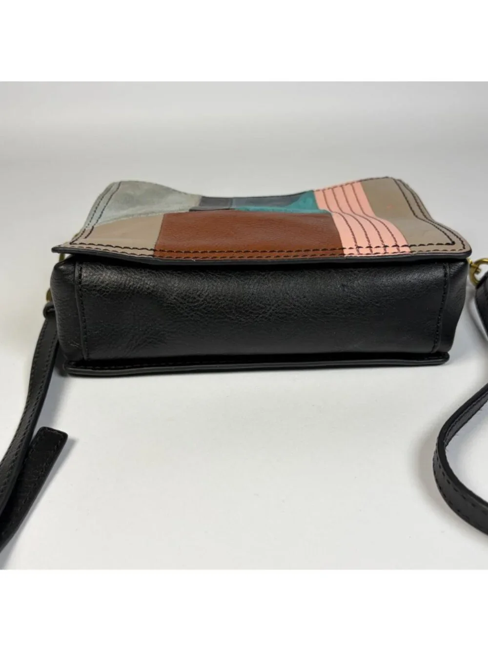 Fossil Campbell Geometric Suede Patchwork Leather Crossbody Bag Purse Boho